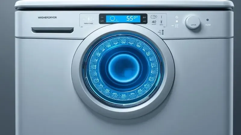 Painel de controle moderno de máquina lava e seca com botões iluminados e display digital de fácil leitura