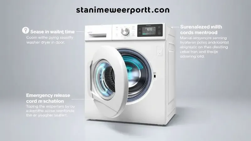 Ilustração conceitual dos passos de segurança para destravar porta de lava e seca, mostrando tempo de espera e drenagem de emergência.