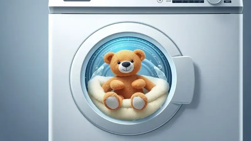 Ilustração digital mostrando ciclo de lavagem seguro para bichos de pelúcia na máquina