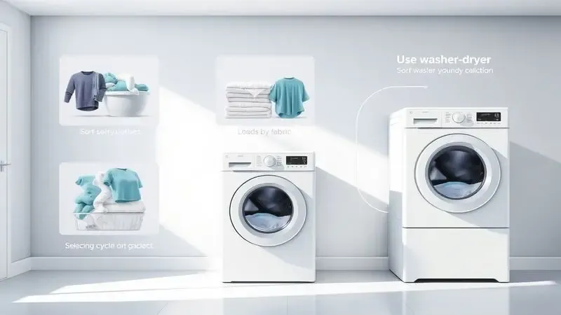 Processo passo a passo de uso de lava e seca: separação de roupas, carregamento e seleção de ciclos