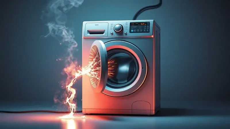 Ilustração conceitual representando perigo de conexão elétrica incorreta em máquina de lavar com faíscas.