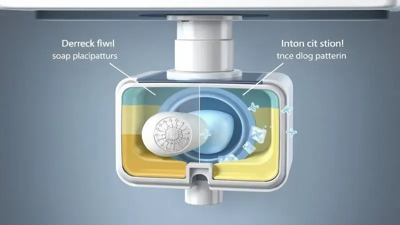 Ilustração 3D do dispenser de sabão em lava e seca mostrando posicionamento correto e incorreto do detergente.
