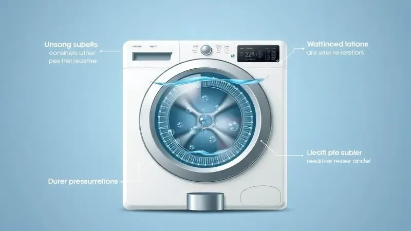 Ilustração técnica de problemas de nivelamento e pressão de água em lavadoras e secadoras