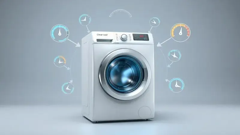 Ilustração conceitual do processo de calibração de lavadora com ferramentas e indicadores de ajuste