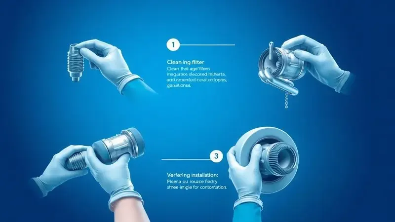 Ilustração sequencial do processo de verificação e limpeza do sistema de drenagem de máquina de lavar