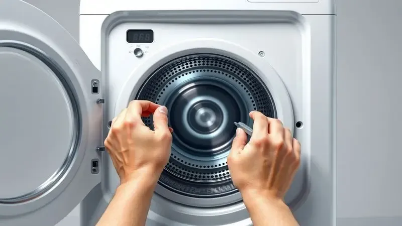Mão removendo parafusos de transporte da máquina de lavar e secar