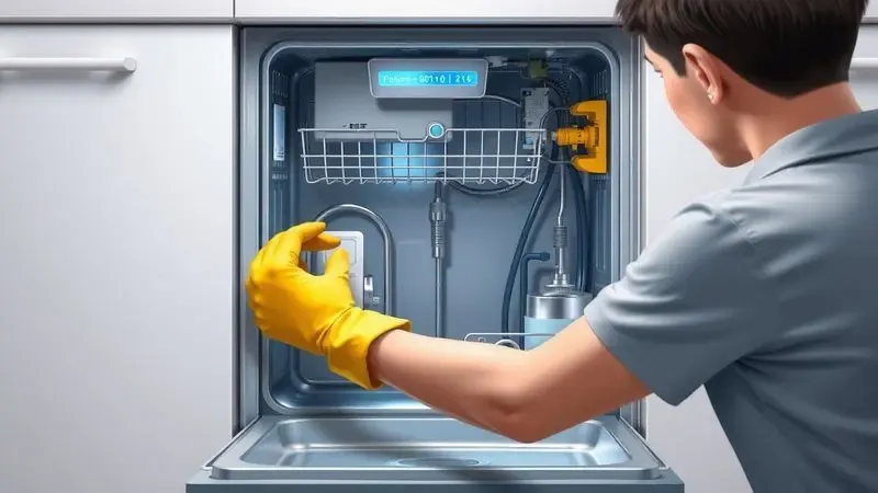 Ilustração conceitual de segurança residencial antes de consertar máquina de lavar louça com desligamento de energia e proteção