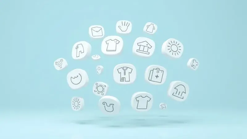 Renderização artística de símbolos de cuidados com roupas flutuando em arranjo conceitual