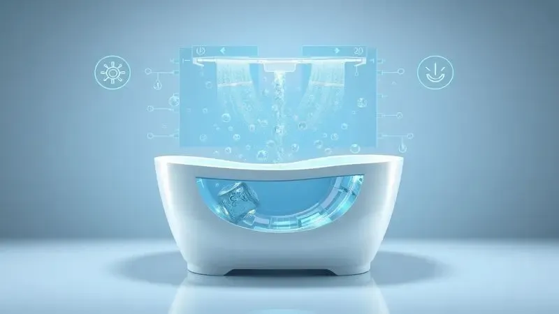 Ilustração conceitual de sistema de autolimpeza e manutenção higiênica de máquina lava e seca