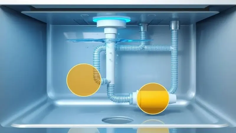 Ilustração artística conceitual do sistema de drenagem de máquina de lavar louça mostrando obstrução de água