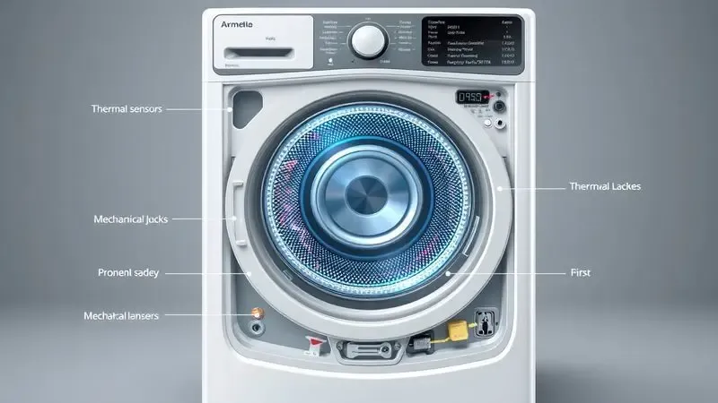 Diagrama ilustrativo do sistema de segurança da porta de lava e seca com sensores e travas
