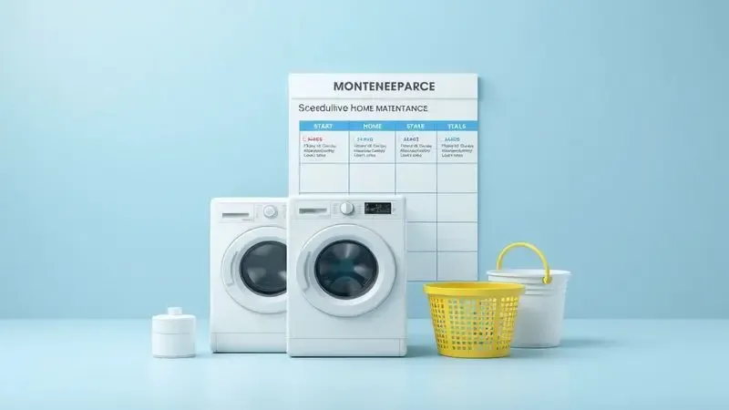 Ilustração conceitual de tabela de manutenção e planejamento para cuidados com máquina de lavar.