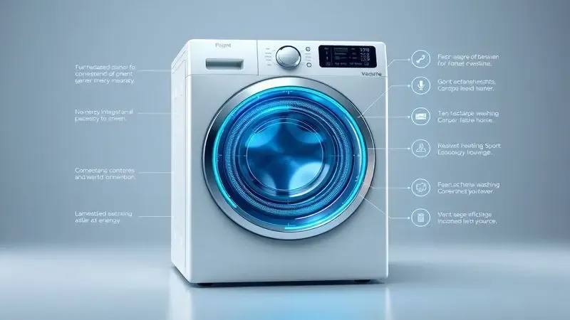 Conceito ilustrativo de tecnologia avançada em máquinas de lavar com interface digital e conectividade inteligente