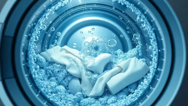 Ilustração conceitual da tecnologia bubble soak mostrando microbolhas em água limpando tecidos