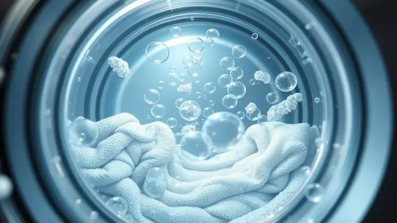 Ilustração conceitual de tecnologia de bolhas penetrando tecidos dentro de tambor de máquina de lavar