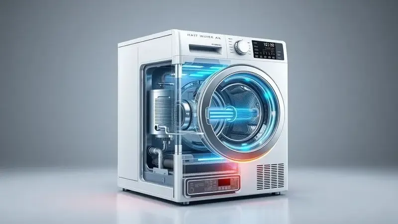 Representação ilustrativa do funcionamento interno e tecnologia de secagem de máquina lava e seca