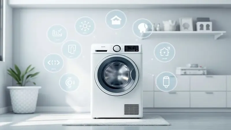 Ilustração conceitual de tecnologias modernas em máquinas lava e seca como sensores e modos ecológicos