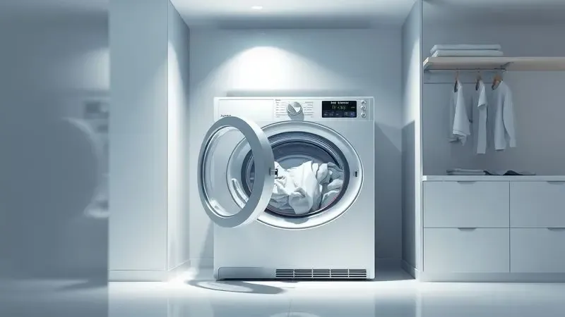 Cena conceitual de lavanderia moderna com lava e seca em uso real, ambiente limpo e organizado