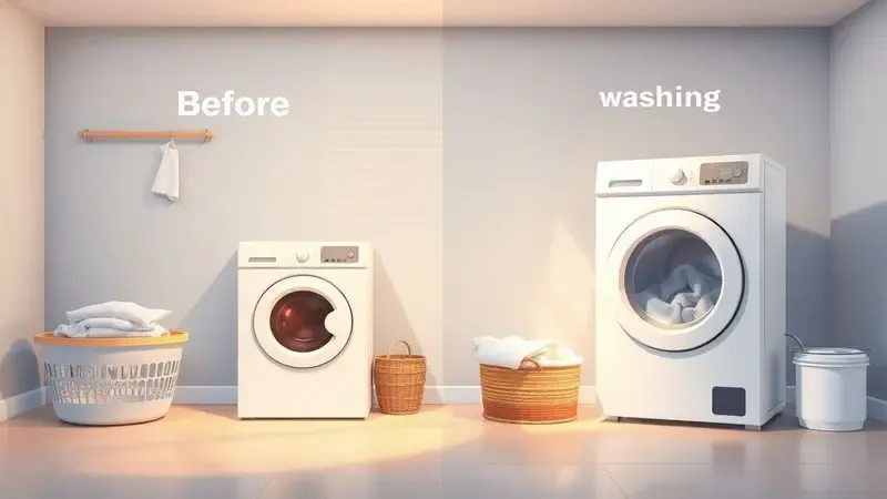 Ilustração conceitual mostrando transformação da rotina de lavagem, comparando processo tradicional com eficiência moderna em luz quente
