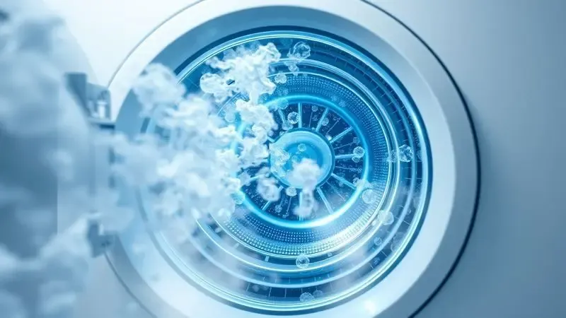 Ilustração conceitual de vapor saindo do tambor de máquina lava e seca para higienização
