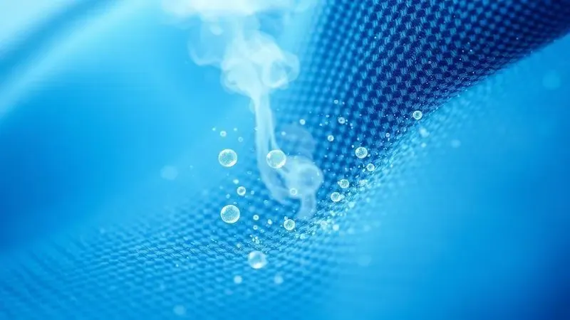 Ilustração de partículas de vapor penetrando fibras têxteis em visão microscópica